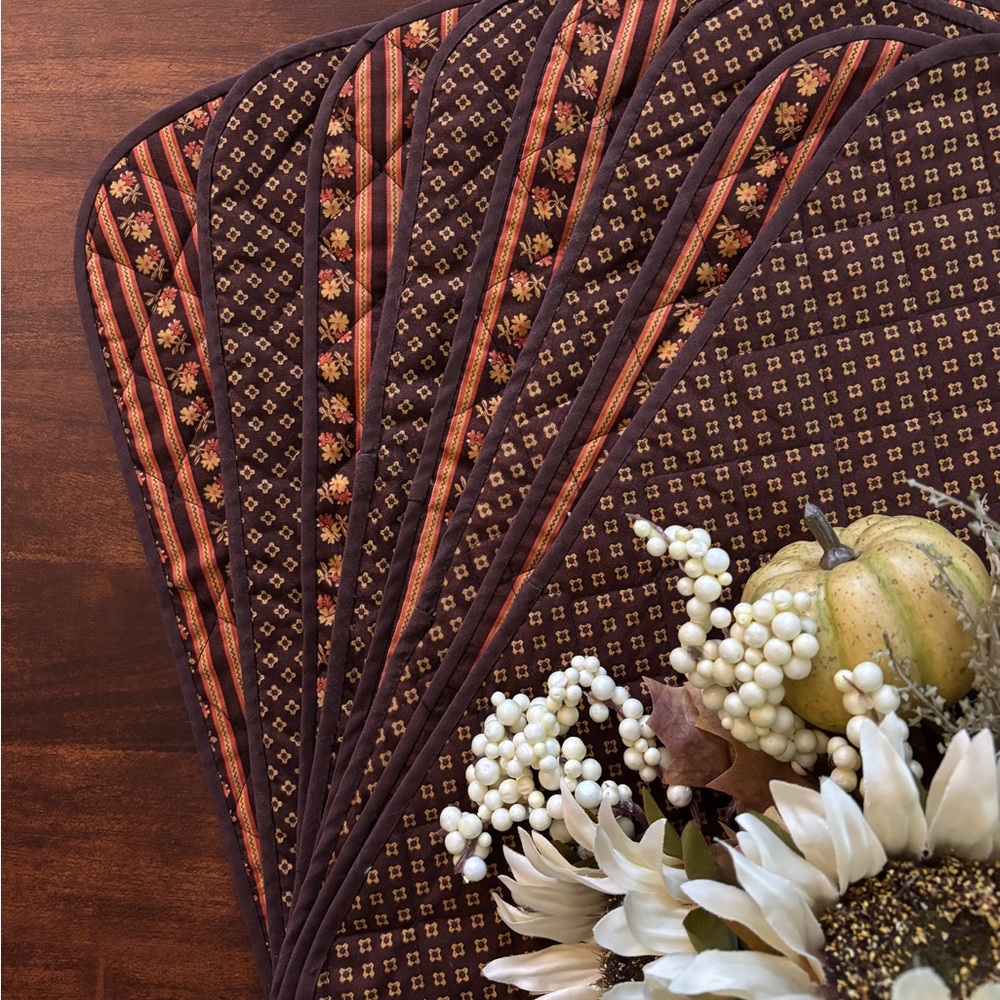 Vintage Placemats (Set of 8) Handmade Quilted Brown/Orange Reversible Linens